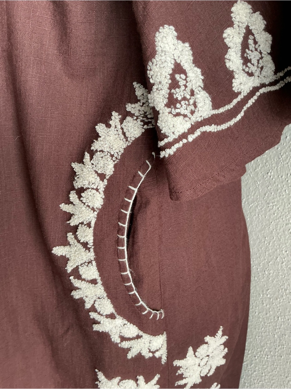 Uncle Frank Embroidered Boho Midi Dress Size M Brown Floral Pockets Side Slits - Picture 8 of 10